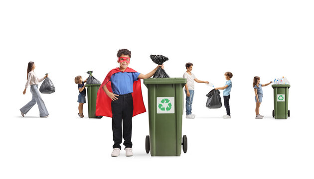 Children recycling plastic bottles and throwing waste in bins
