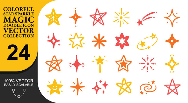 Colorful star sparkle magic doodle icon vector collection with twenty four hand drawn celestial symbols on transparent background for festive layouts.