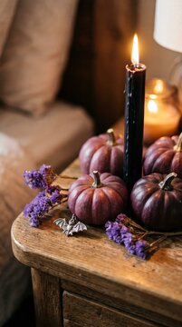 Clustered aubergine pumpkins beside black candle and purple flowers on wooden bench
