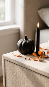Small matte black pumpkin beside slim candle on upholstered bedroom nightstand