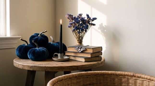 Navy velvet pumpkins beside brass candlestick and stacked books on wooden table