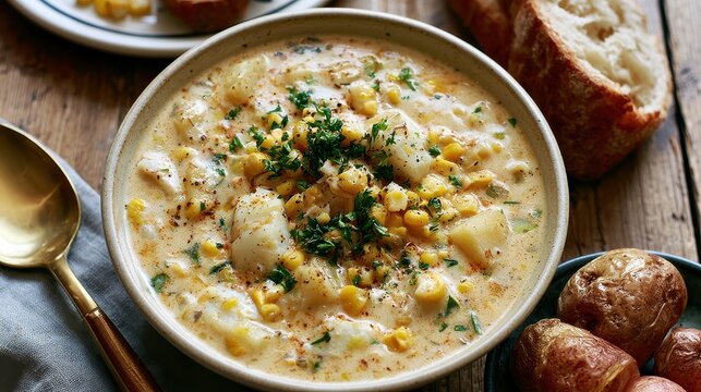 Creamy smoked haddock chowder with potatoes and sweet corn, cozy winter comfort food, rustic table setting