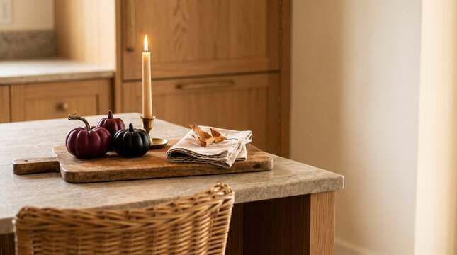 Maroon and black mini pumpkins beside brass candlestick on rustic cutting board