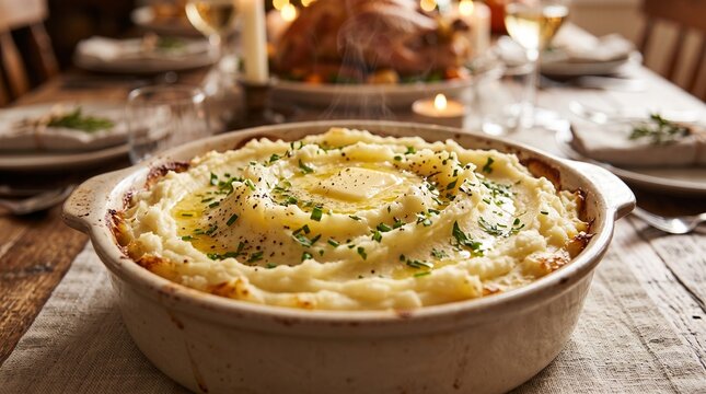 Delicious mashed potatoes with butter and chives in a casserole dish