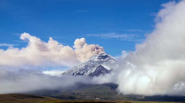 Cotopaxi Volcano, Ecuador, erupting, 12th of May 2023, Time lapse.. Volcanic ash is erupting from the crater. At 5897m altitude one of the world's highest active volcanoes.