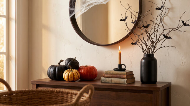 Colorful mini pumpkins beside candle and books under cobwebbed mirror on dresser
