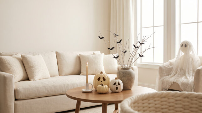 Ghost-faced cream pumpkins beside candle and stone vase in bright neutral living room
