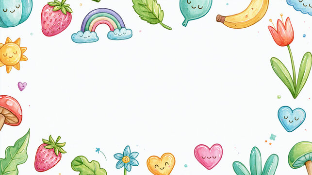 A colorful, playful border of cute fruits and elements on a light background.