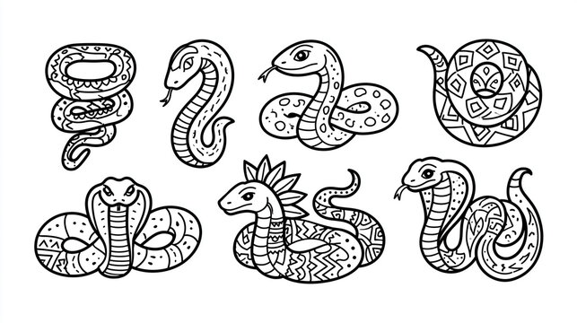 A collection of artistic snake illustrations with intricate patterns and designs.