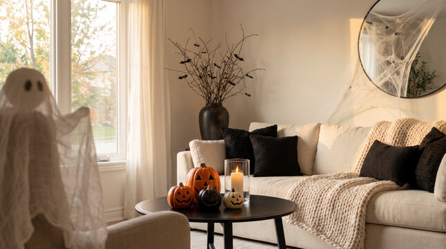Carved orange and black jack-o-lanterns beside candle in glass hurricane on table