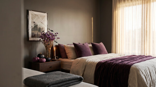 Burgundy and black pumpkins beside candle and dried flowers in moody bedroom
