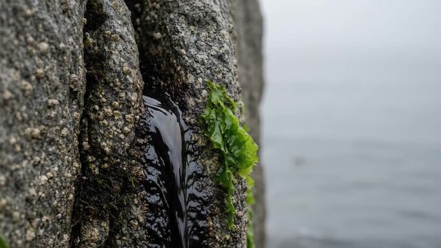 Oil weeping from a vertical granite crevice with glossy brown residue, rough texture, and barnacle covered stone surfaces