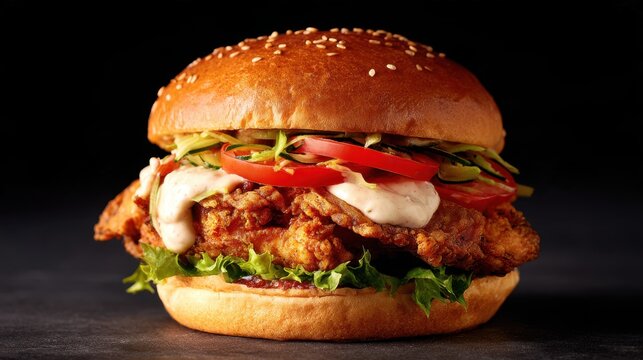 A deliciously stacked chicken burger adorned with fresh lettuce, tomatoes, and creamy sauce