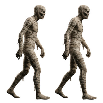 Two identical ancient egyptian mummies walking isolated on transparent background