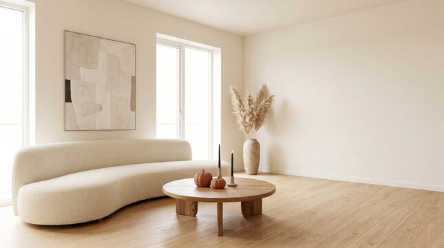 Terracotta pumpkin beside black candle on minimalist round table in sunlit room