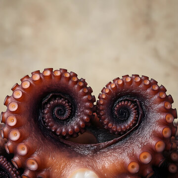 Marine biology and ocean wildlife, octopus tentacles curled in a heart shape showing suction cups and organic texture in a detailed macro close up