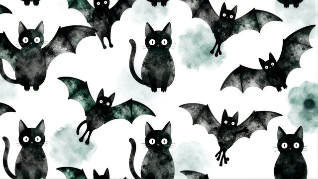 Cute black cats with bat wings, whimsical Halloween pattern on white background.