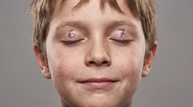 Young boy with 67 numbers on his eyelids, suggesting modern social media trends in children and youth.