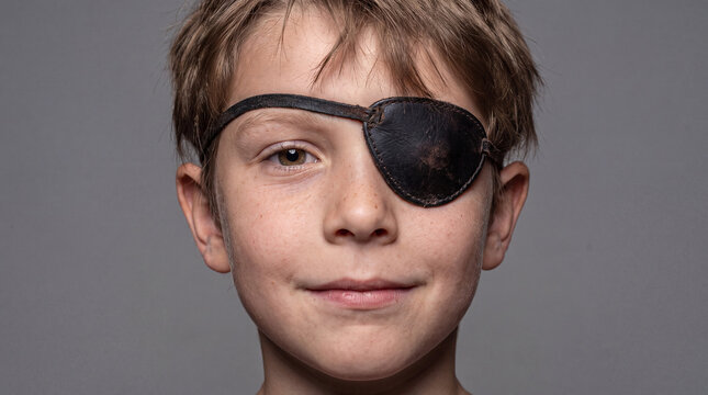 Young boy wearing a leather eye patch over one eye, embodying the spirit of adventure and imagination with a slight smile, posing against a plain background