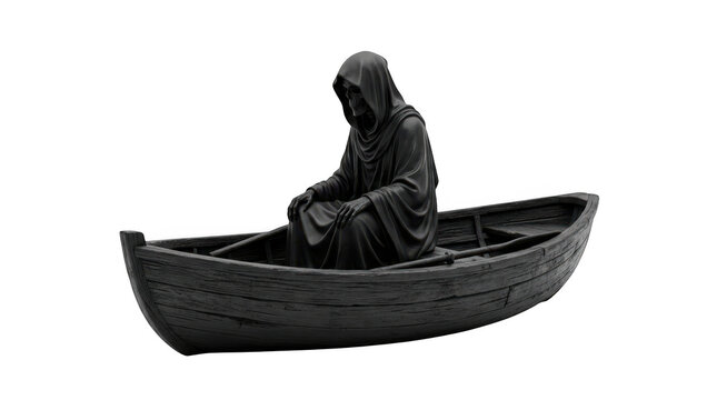 A grim reaper sitting in a small wooden boat isolated on transparent background