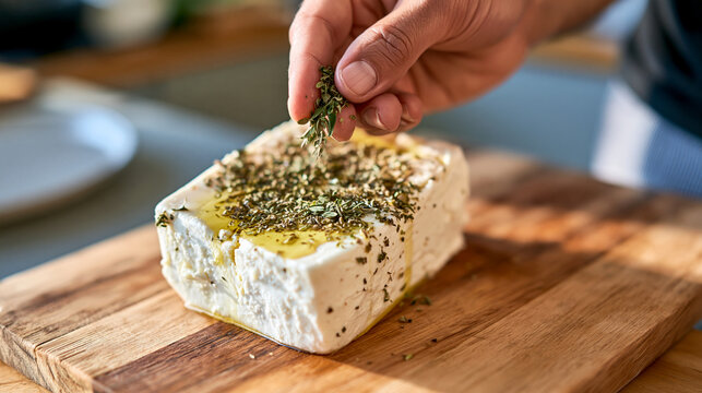 Hand sprinkling dried oregano over fresh feta cheese drizzled with olive oil on rustic wooden board, Mediterranean culinary preparation with natural crumbly texture.