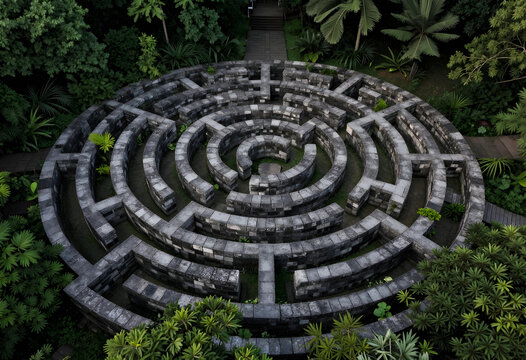 Problem solving and strategy, stone labyrinth maze in a lush tropical garden for business challenge, decision making and complexity in nature
