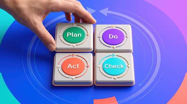 Human hand placing a tactile square button labeled with plan text onto a colorful interface board featuring cycle concepts of do act and check in a bright digital studio environment