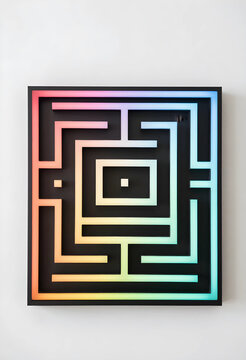 Problem solving and strategy, maze puzzle with glowing neon lights for business challenge, complexity and decision making concept on white wall
