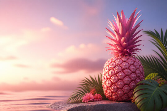 A vibrant pink pineapple rests on a rock overlooking a sunset over the ocean, surrounded by tropical foliage.