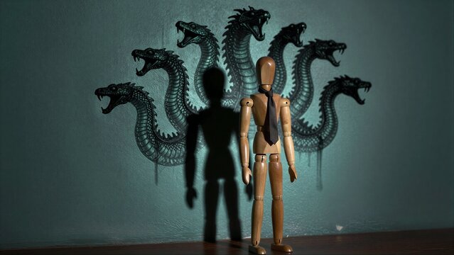 Wooden mannequin stands before shadowy, menacing multi-headed dragon projection.