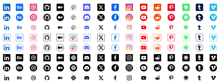 Popular network app logo icon set with LinkedIn, Behance, Discord and X, color, monochrome, circle, square and outline app buttons for web and mobile, vector illustration