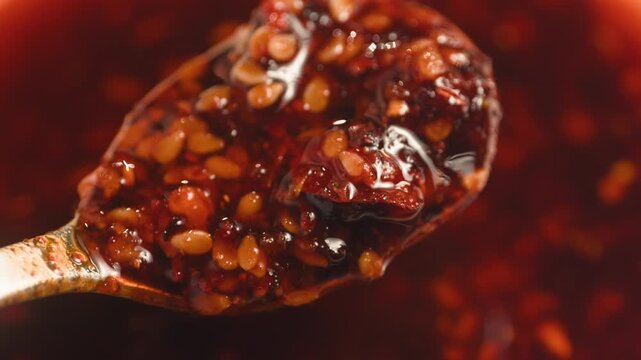 Chinese Crispy Chili Oil in Glass Jar, Homemade Chili Crisp with Garlic, Shallots and Sesame Seeds, Authentic Spicy Asian Condiment, Close Up Macro Video for Cafe and Restaurant Menu