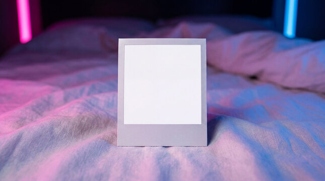Neon Lit Mockup Blank Instant Photo Frame On Bed For Memory Display
