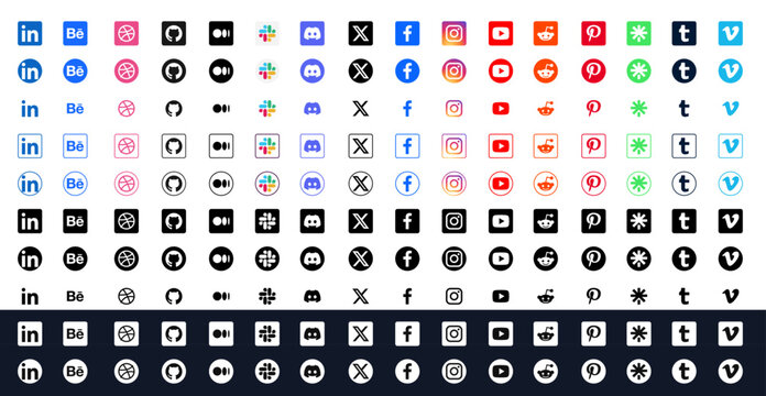 Social network logo icon set with LinkedIn, Behance, YouTube and Reddit, color, monochrome, circle, square and outline app buttons for web and mobile, vector illustration