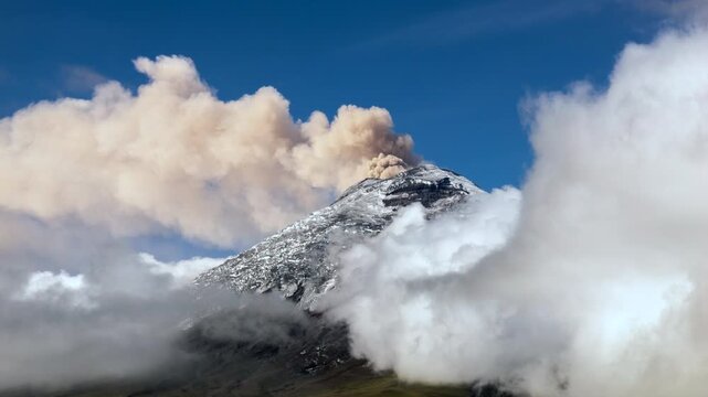 Cotopaxi Volcano, Ecuador, erupting, 12th of May 2023, Time lapse.. Volcanic ash is erupting from the crater. At 5897m altitude one of the world's highest active volcanoes.