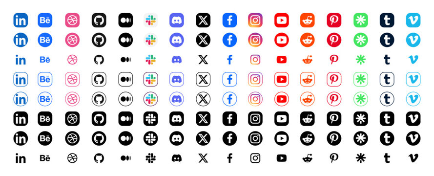 Social media logo icon set with LinkedIn, Behance, Reddit and Pinterest, color, monochrome, circle, square and outline app buttons for web and mobile, vector illustration