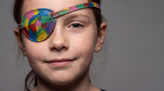 Young girl wearing a vibrant, colorful eye patch over her right eye, looking directly at the viewer with a calm expression, representing childhood vision therapy and treatment for amblyopia