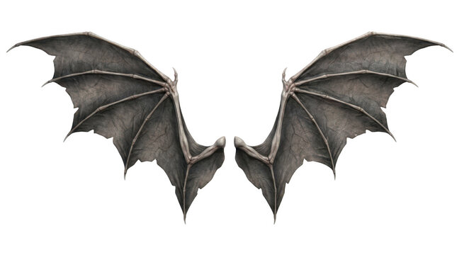 Detailed pair of dark leathery bat wings isolated on transparent background