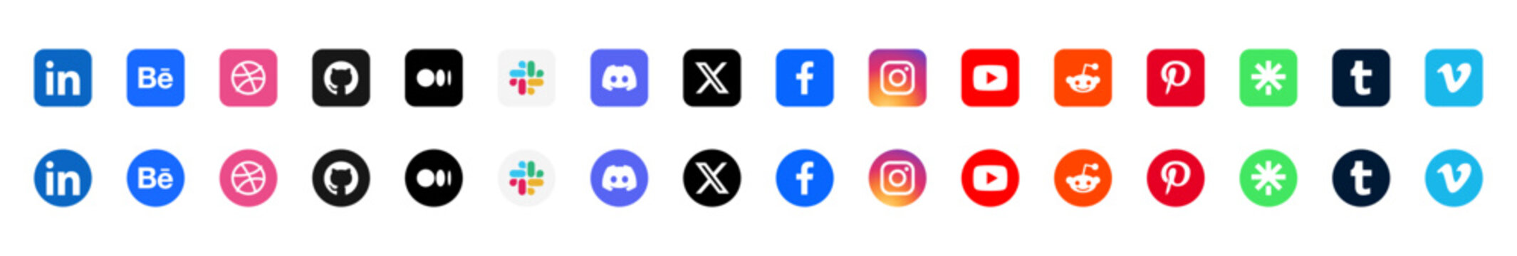 Social media logo icon set with LinkedIn, Behance, Dribbble and GitHub, color, monochrome, circle, square and outline app buttons for web and mobile, vector illustration