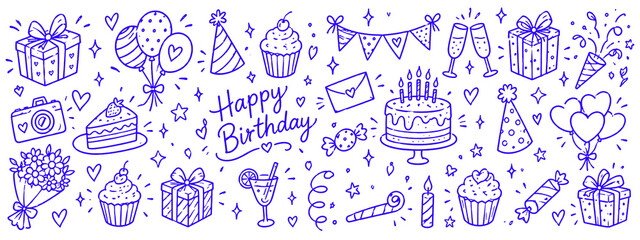 Hand Drawn Birthday Party Doodle Collection, Blue Line Art Celebration Illustration © sss