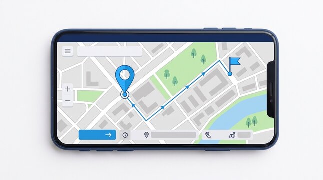 Smartphone displaying a digital GPS navigation map interface on a white background