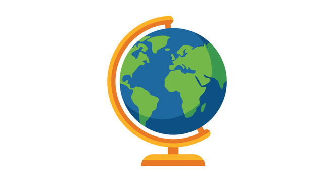 A colorful globe on a stand is depicted in a flat vector illustration