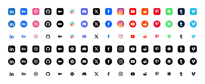 Popular network app logo icon set with LinkedIn, Behance, X and Facebook, color, monochrome, circle, square and outline app buttons for web and mobile, vector illustration