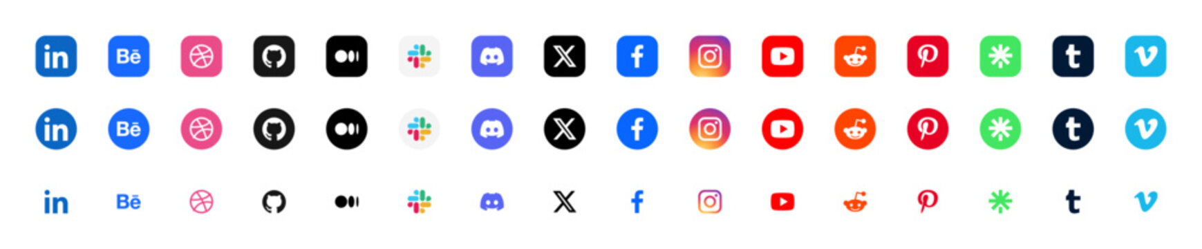 Social network logo icon set with LinkedIn, Behance, Dribbble and GitHub, color, monochrome, circle, square and outline app buttons for web and mobile, vector illustration
