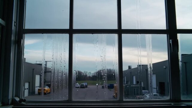 Growing central droplet sliding down mullioned window, view widening and revealing units and vans