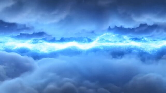 Storm clouds drift across glowing blue sky as lightning flashes above dense cloud layer