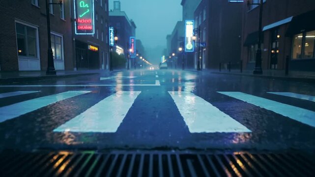 Rain striking puddle rippling wet mid road at night, camera pulling back creating grate neon mood