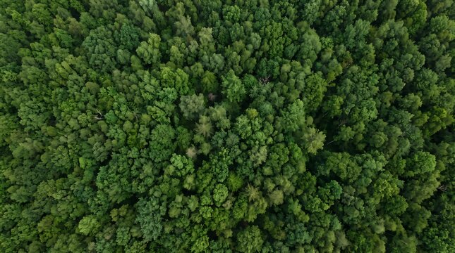 Aerial overhead view of dense green forest canopy covering vast landscape with landscape woodland environment wilderness vegetation ecosystem