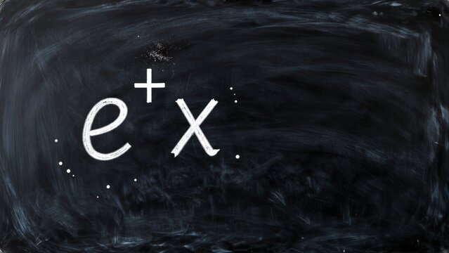 Chalkboard displays mathematical expression ex with scattered dots and a plus sign.