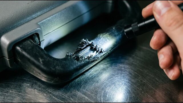 Black rubber carrying handle revealing a torn base with stretched edges and exposed plastic housing